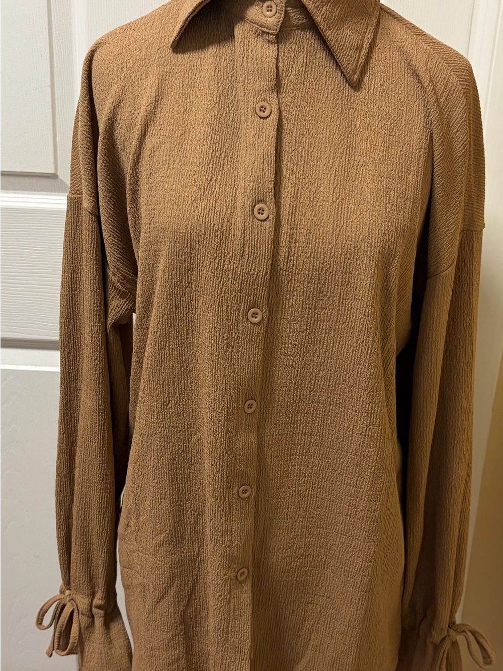 Relaxed Button-Front Textured Shirt in Camel